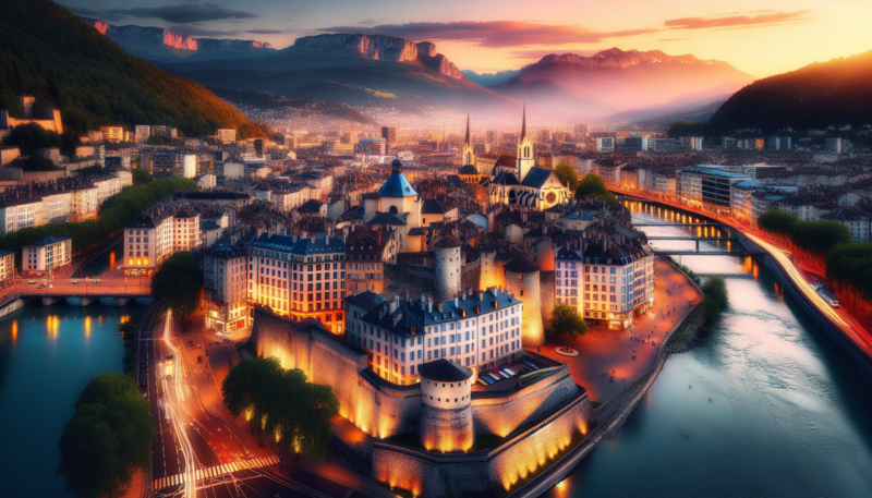 Vue aérienne de Grenoble au coucher du soleil, Alpes en arrière-plan. Architecture historique et moderne, couleurs vives.