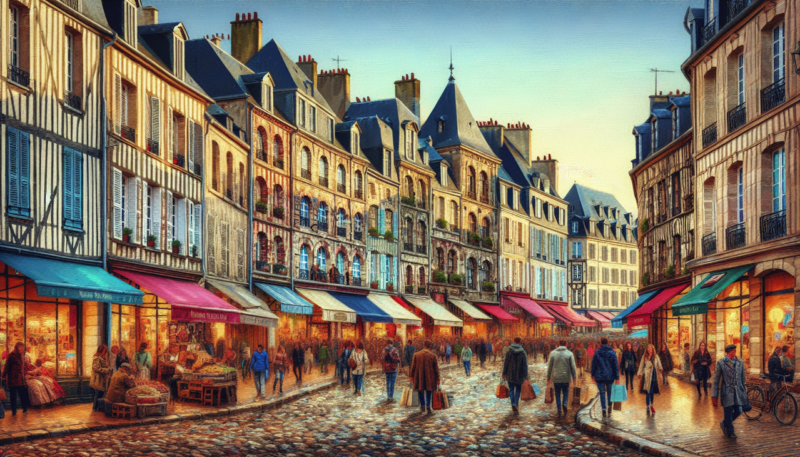 Ville en H - Rue animée à Honfleur, France, avec boutiques colorées et pavés, reflétant l'architecture charmante et la culture dynamique.