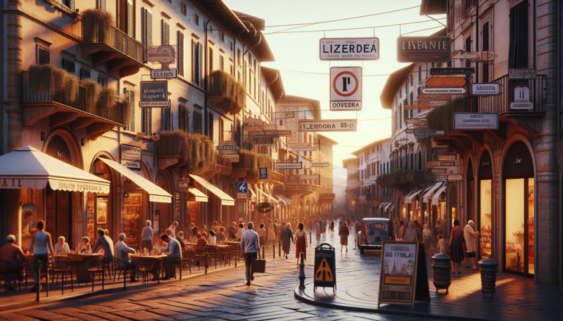 Illustration d'une ville animée en Italie avec des enseignes commençant par I, au coucher du soleil.