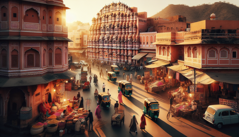 Illustration d'une rue animée à Jaipur au coucher du soleil, mettant en avant l'architecture rose caractéristique et l'effervescence locale.