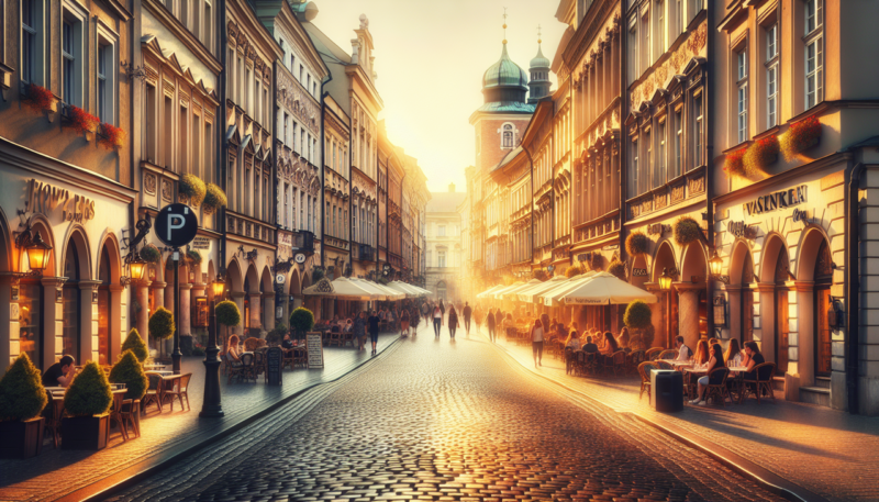 Montre une magnifique rue pavée à Cracovie, en Pologne, lors de l'heure dorée, avec des bâtiments historiques et des cafés animés.
