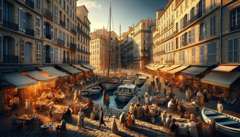 Ville de Marseille, marché animé au vieux port au coucher du soleil, architecture traditionnelle et vie de rue vibrante.