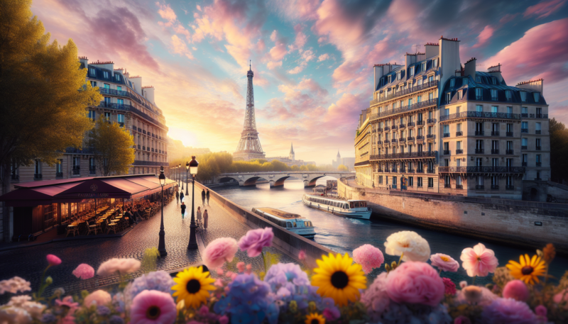 Illustration d'une ville européenne lors d'un lever de soleil avec la Tour Eiffel et la Seine en arrière-plan.
