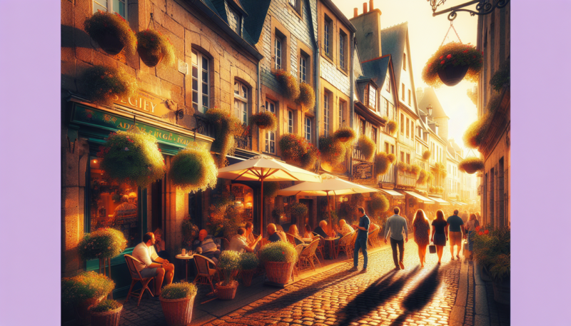 Rue pittoresque à Quimper, France, heure dorée, architecture historique et ambiance charmante.